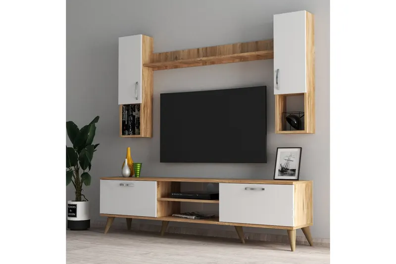 Comodă TV TVU0203, Alb - Pin atlantic, 180x35x48 cm - Alb - Natural