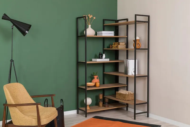 Bibliotecă Edra Rafix, Pin atlantic - Negru, 94x94x181 cm - Natural - Negru