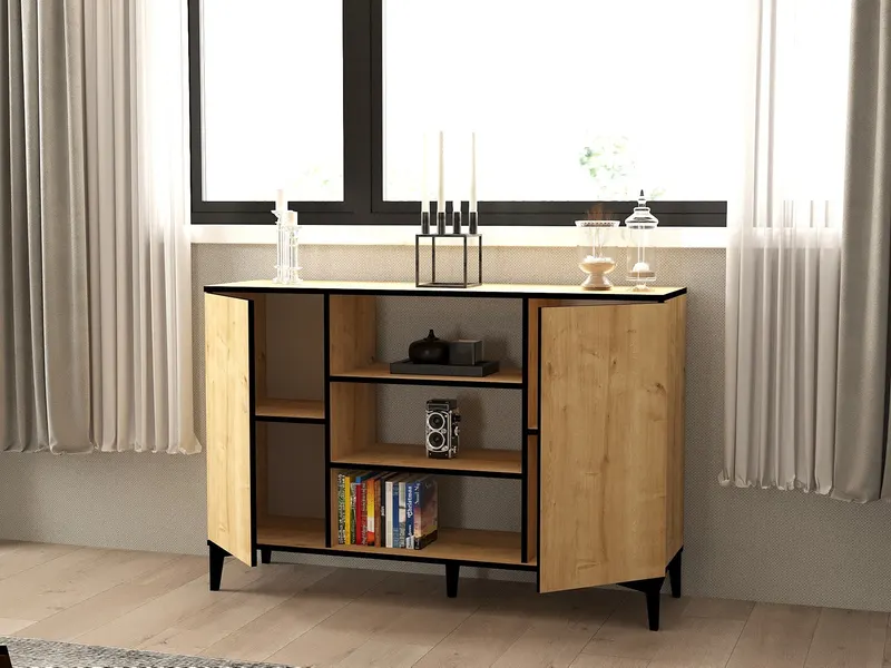 Set mobilă pentru sufragerie Edil, Sapphire - Stejar - Negru, 180x40x45 cm - Albastru - Stejar - Negru