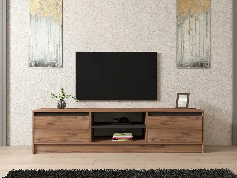 Comodă TV Isıl, Pin atlantic - Antracit, 180x40x45 cm - Natural - Antracit