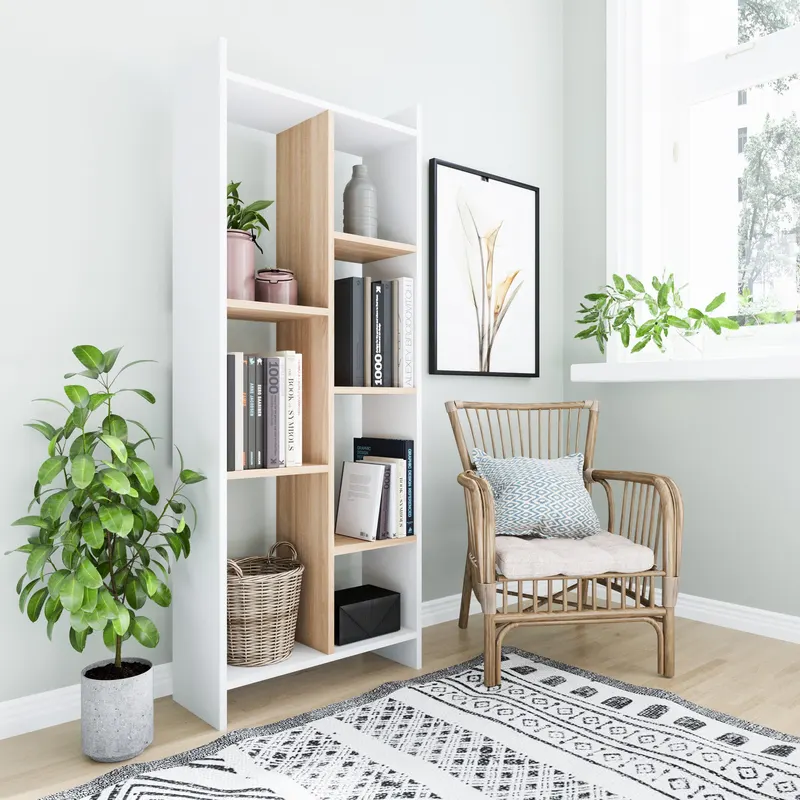 Bibliotecă Eden, Alb - Stejar, 63x25x160 cm - Alb - Stejar