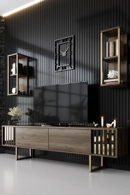 Set mobilă pentru sufragerie Gold Line - Walnut, Gold, Nuc - Negru, 180x30x18 cm - Auriu - Nuc - Negru