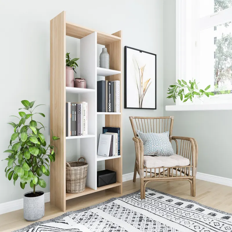 Bibliotecă Eden, Alb - Stejar, 63x25x160 cm - Alb - Stejar