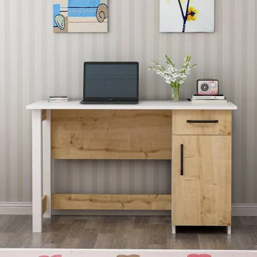 Birou Natural - White, Saview, Alb - Stejar, 120x60x71 cm - Natural - Alb - Stejar