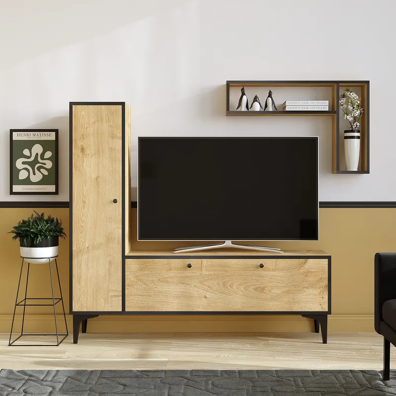 Comodă TV Pera, Stejar safir - Negru, 118x32x49 cm - Stejar - Negru