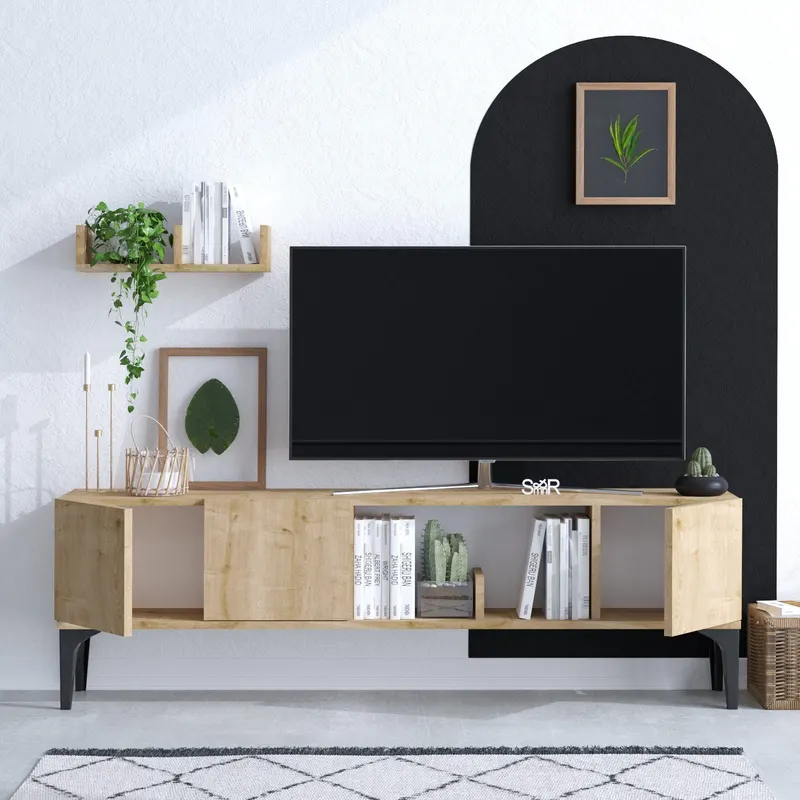 Comodă TV Vesta - Dec0071, Stejar safir - Negru, 150x35x47 cm - Stejar - Negru