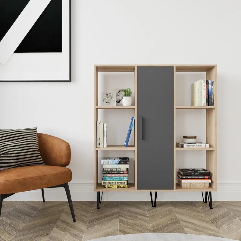 Bibliotecă Peoria, Stejar - Antracit, 120x25x142 cm - Stejar - Antracit