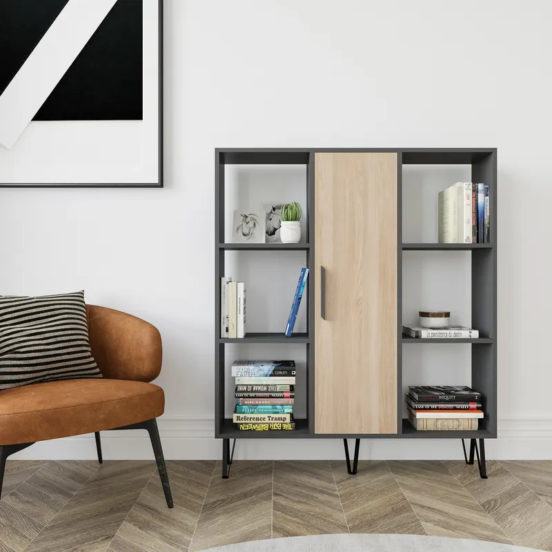 Bibliotecă Peoria, Stejar - Antracit, 120x25x142 cm - Stejar - Antracit