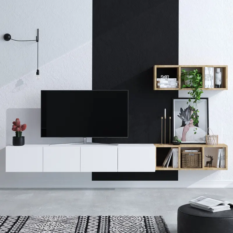 Comodă TV Pıa, Alb - Stejar, 215x32x25 cm - Alb - Stejar