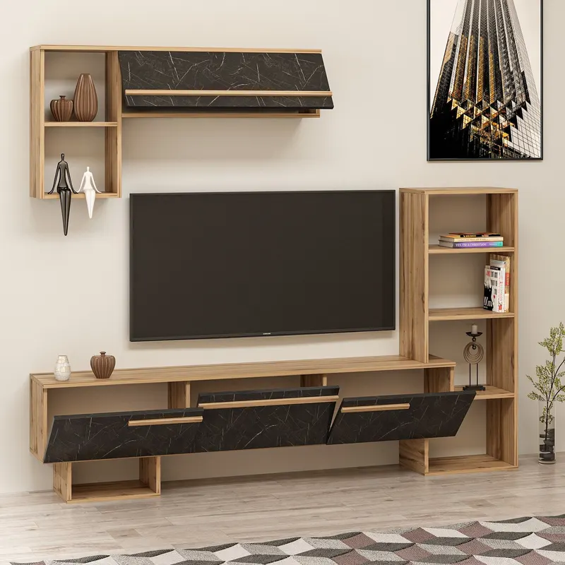 Comodă TV Mega - Ciragan, Royal Marble, Nuc - Negru, 209x28x124 cm - Nuc - Negru