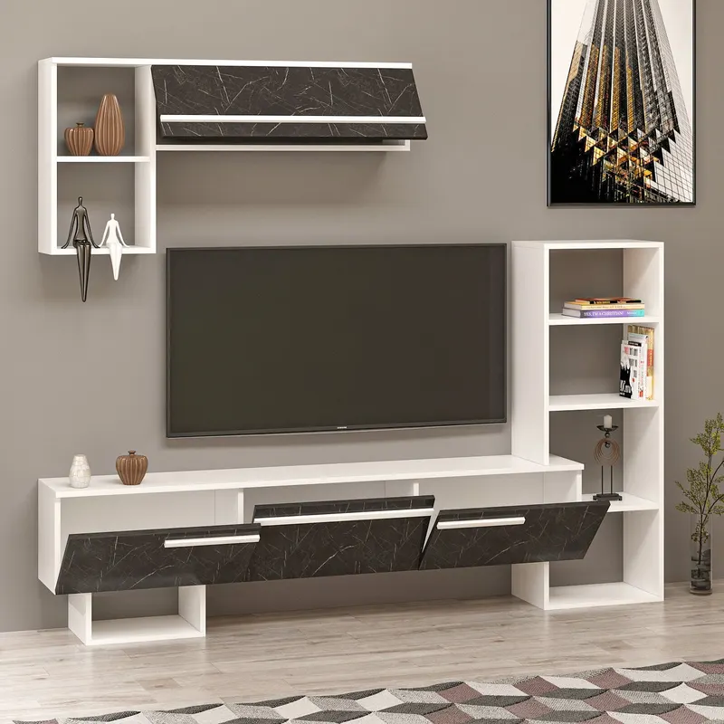 Comodă TV Mega - White, Royal Marble, Alb - Negru, 209x28x124 cm - Alb - Negru