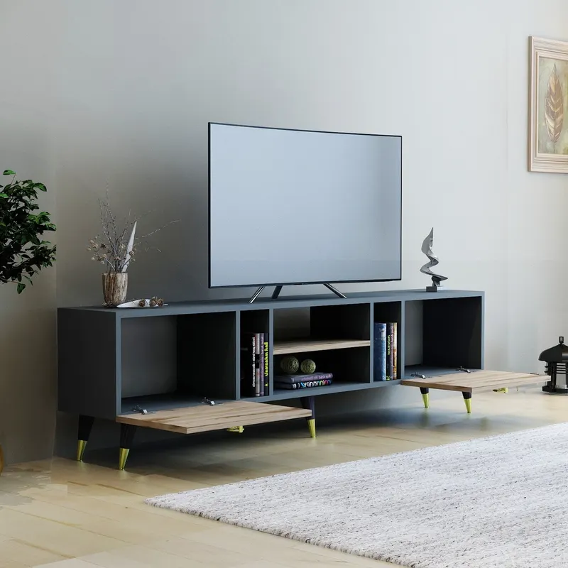 Comodă TV Rudy - Ciragan, Anthracite, Nuc - Antracit, 180x30x42 cm - Antracit - Nuc