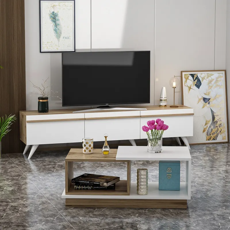 Set mobilă pentru sufragerie Valentina, Alb - Sapphire, 180x35x42 cm - Alb - Albastru