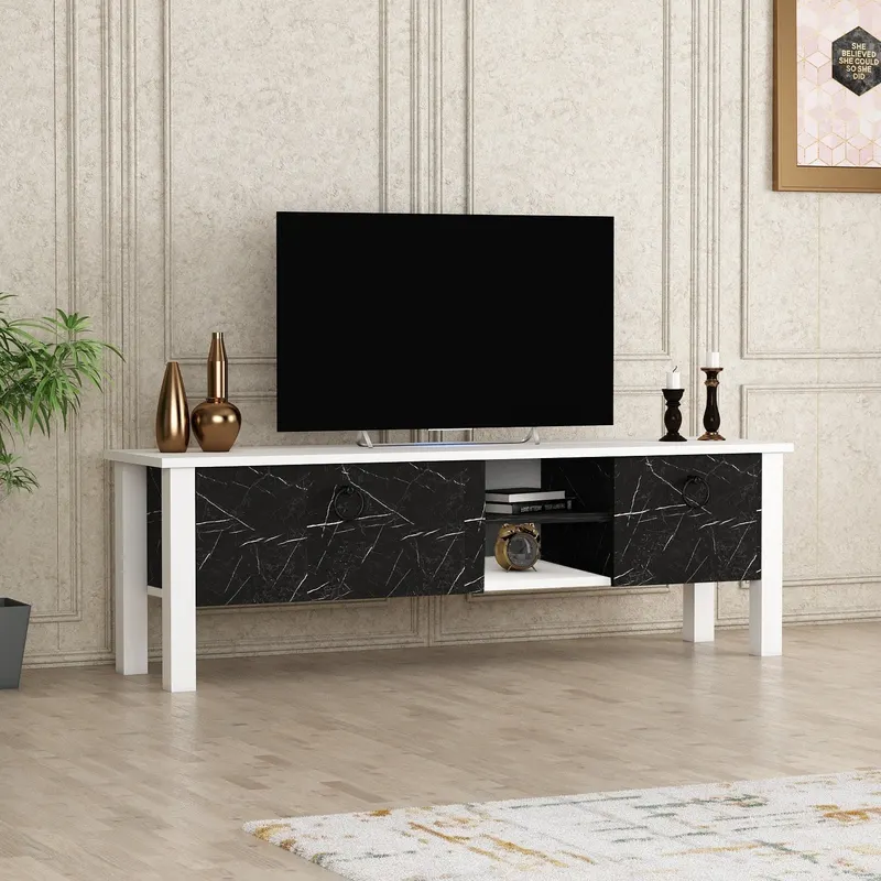 Comodă TV Rose - Marble, Alb - Negru, 140x35x45 cm - Roz - Alb - Negru