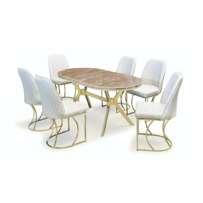 Set masa Timar cu 6 scaune, cadru auriu, marmura belek/crem
