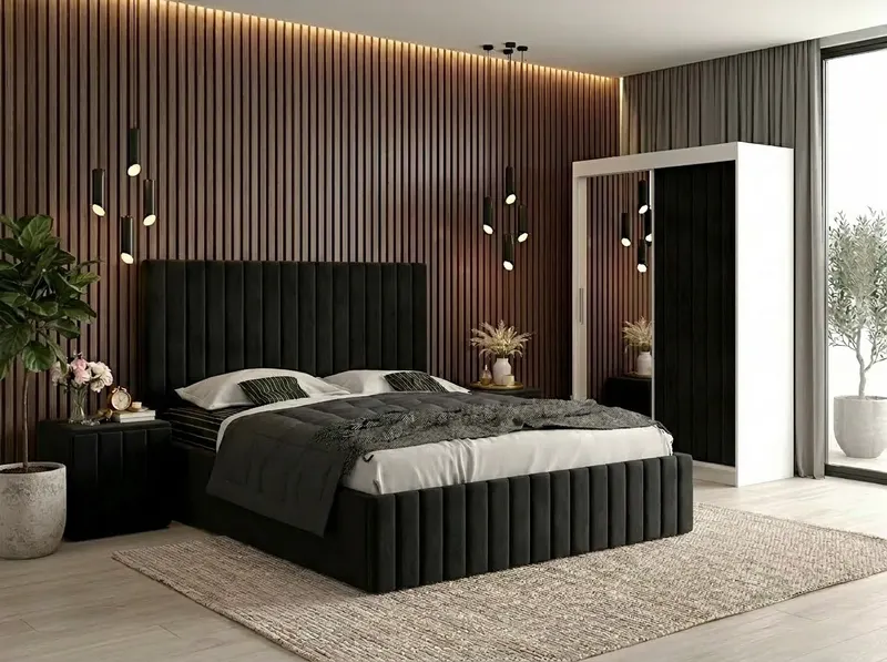 Set dormitor Cairo Negru cu dulap tapitat Cairo 150 cm Negru