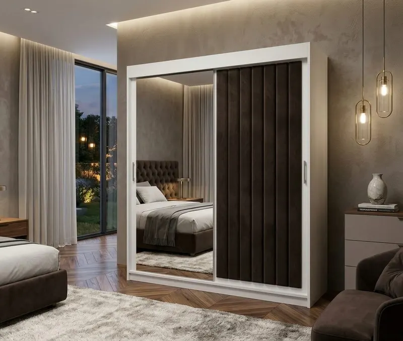 Dulap dressing tapitat Cairo 2 usi cu oglinda, 150 cm, Alb/Maro