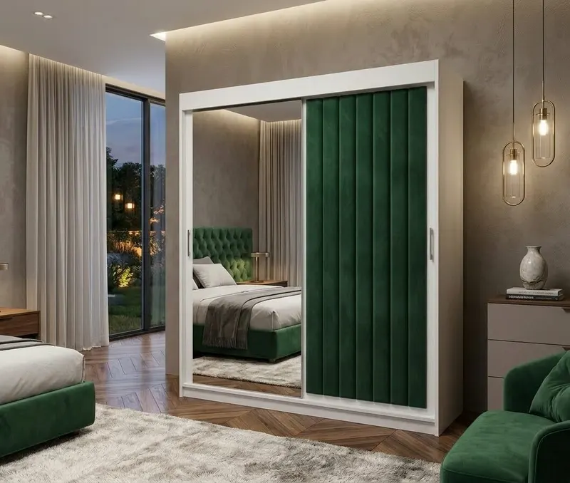 Dulap dressing tapitat Cairo 2 usi cu oglinda, 150 cm, Alb/Verde