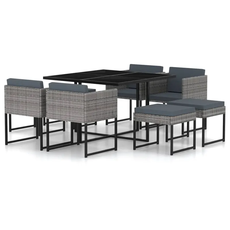 set mobilier gradina cu perne, 9 piese, gri, poliratan