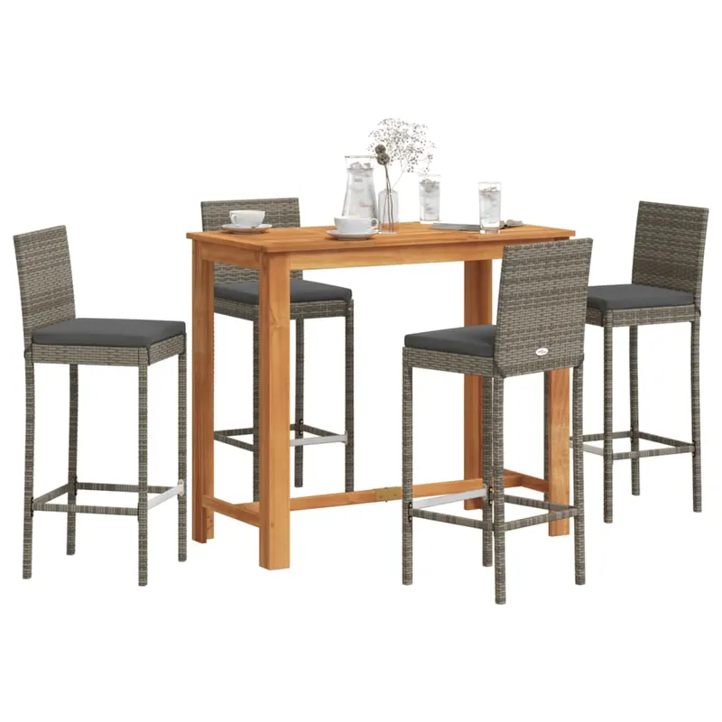 set bar de gradina, 5 piese, gri, lemn masiv acacia/ poliratan