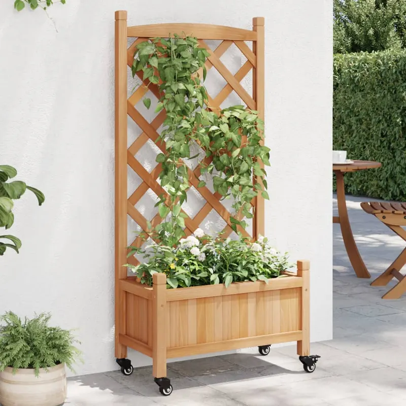 jardiniera cu spalier si roti, maro, lemn masiv de brad