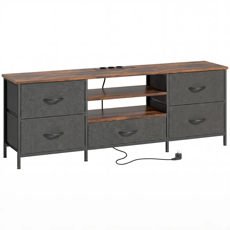 HOMCOM Comodă TV 140 cm, suport TV 165,1 cm, stație de încărcare, 5 sertare din material textil, rafturi deschise, 140x30x50cm, maro
