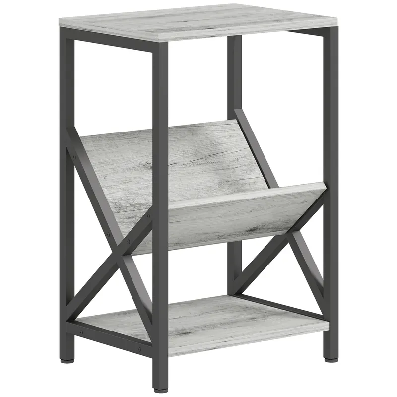 HOMCOM Masă laterală îngustă, măsuță de lângă canapea cu depozitare pe 3 nivele, suport pentru reviste în V, cadru din oțel, 40x30x61cm, gri închis