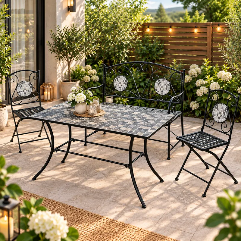 Set mobilier de gradina Gismo, 4 piese, masa cu blat din mozaic ceramic cu aspect de piatra naturala, banca pentru 2 persoane si 2 scaune pliabile pen