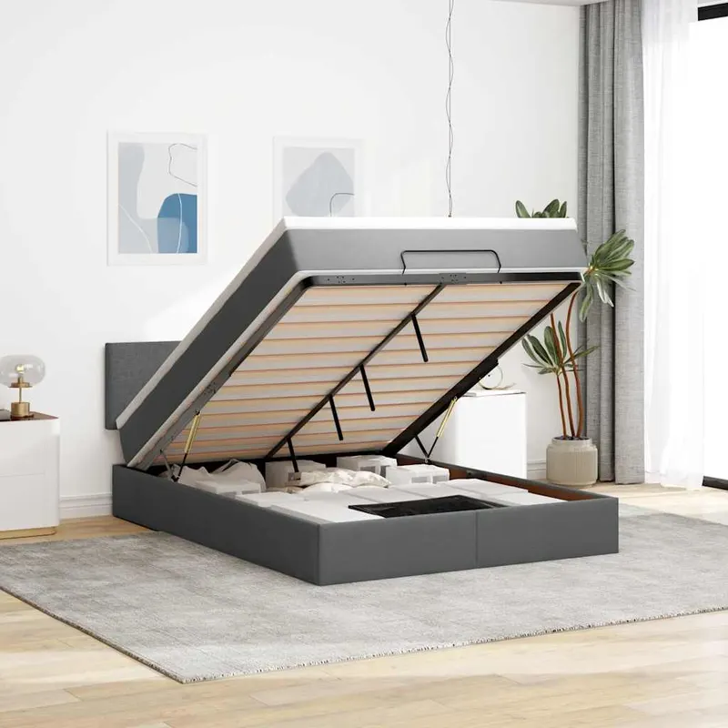 pat otoman cu saltea si led-uri tesatura gri inchis 140x190 cm