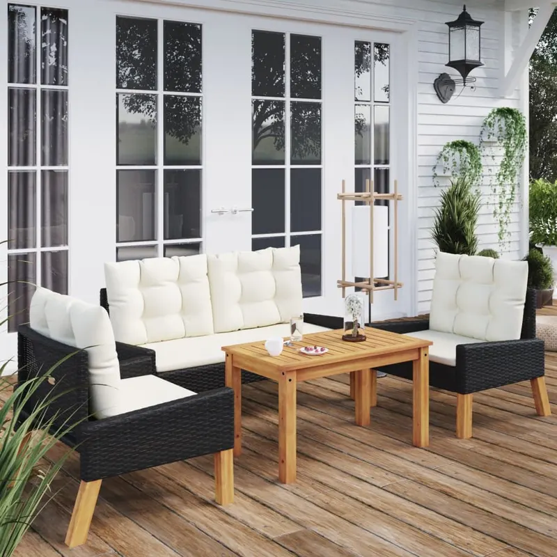 set mobilier gradina cu perne 4 piese poliratan si lemn masiv