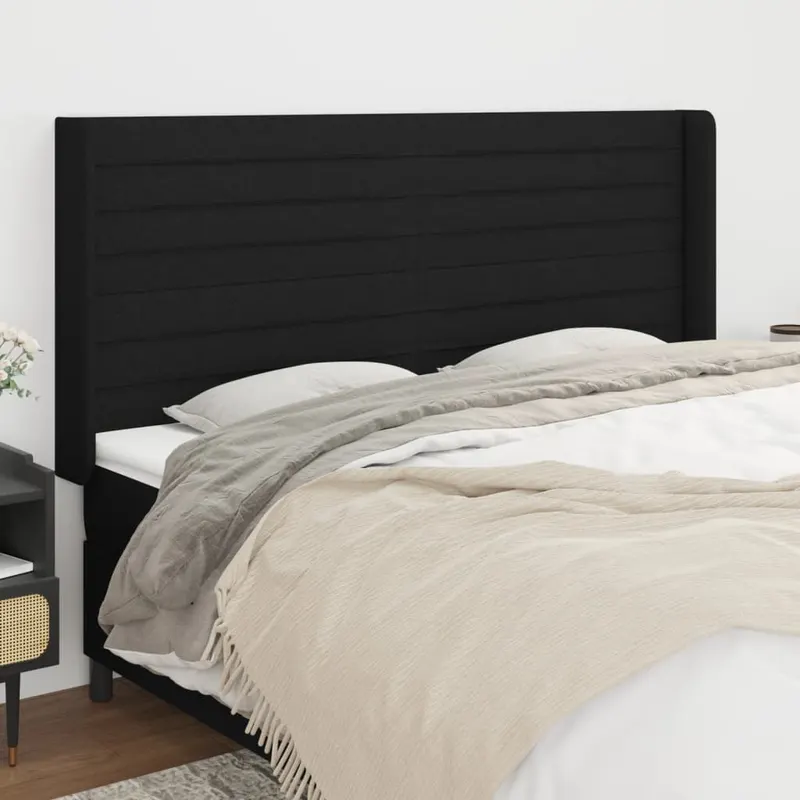 Tablie de pat cu aripioare, negru, 163x16x118/128 cm, textil