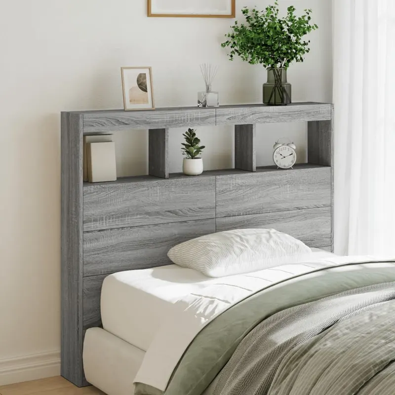 tablie de pat cu dulap si led, gri sonoma, 120x17x102 cm