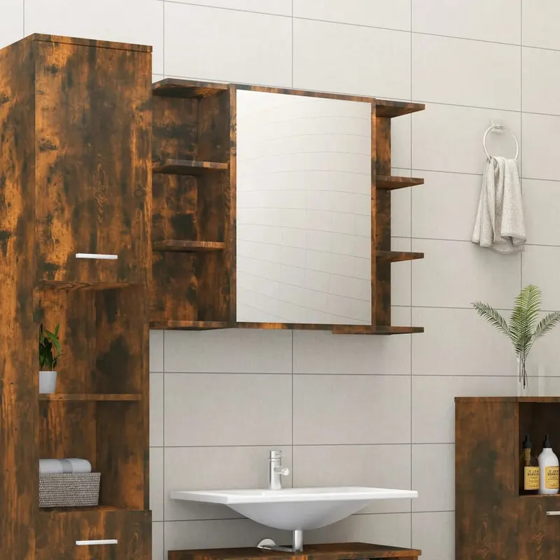 dulap baie cu oglinda stejar fumuriu 80x20,5x64cm lemn compozit
