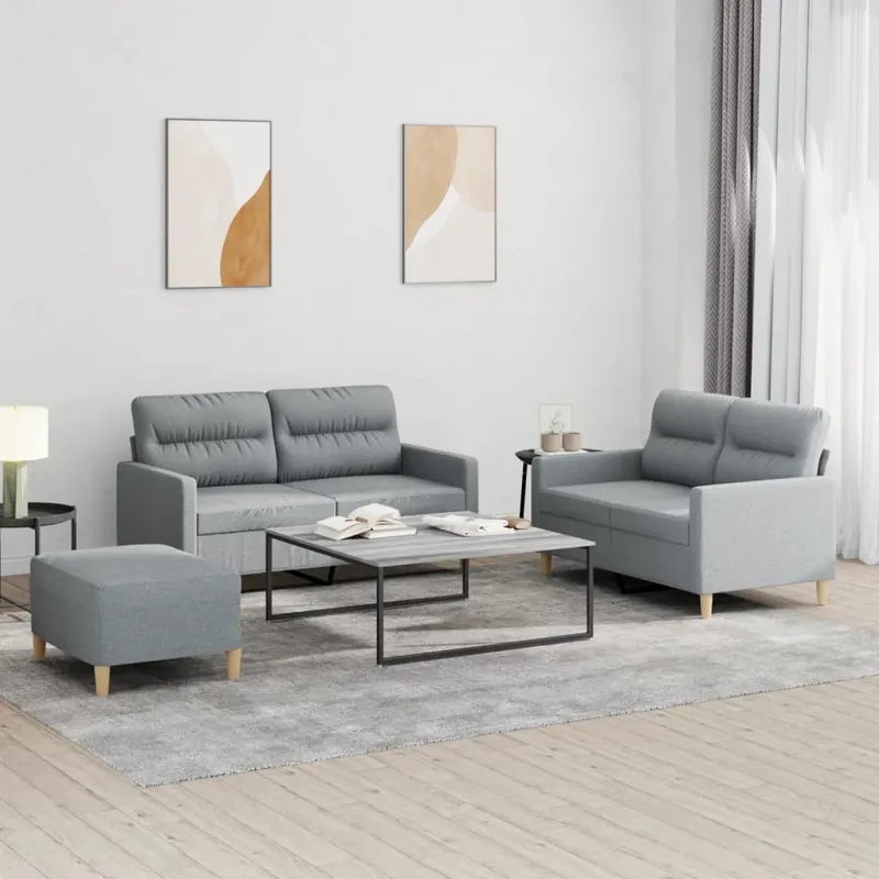 set de canapele cu perne, 3 piese, gri deschis, textil