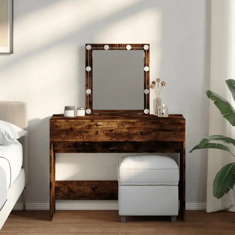 masa de toaleta cu led, stejar afumat, 100x40x130 cm