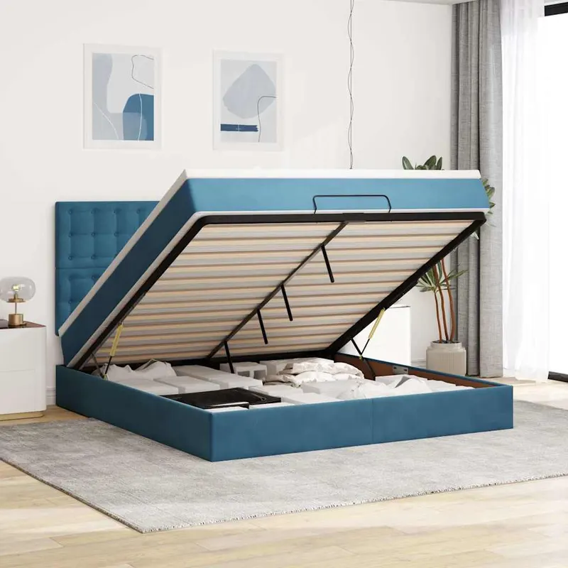 cadru pat otoman cu saltele albastru inchis 160x200cm catifea