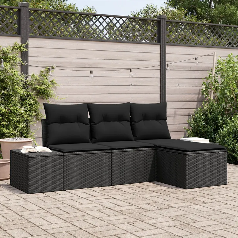 set de canapea de gradina 4 piese cu perna negru poliratan