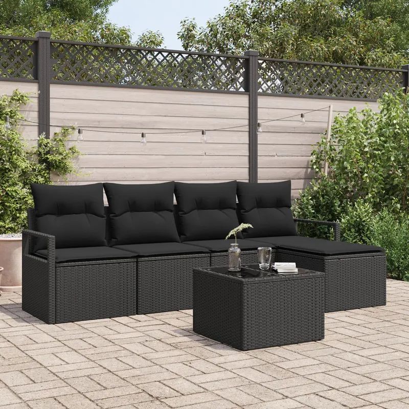 Set canapea de gradina 6 piese cu perne bej din ratan polimeric, canapea de gradina cu depozitare si perne pentru 2 persoane, negru, ratan polimeric