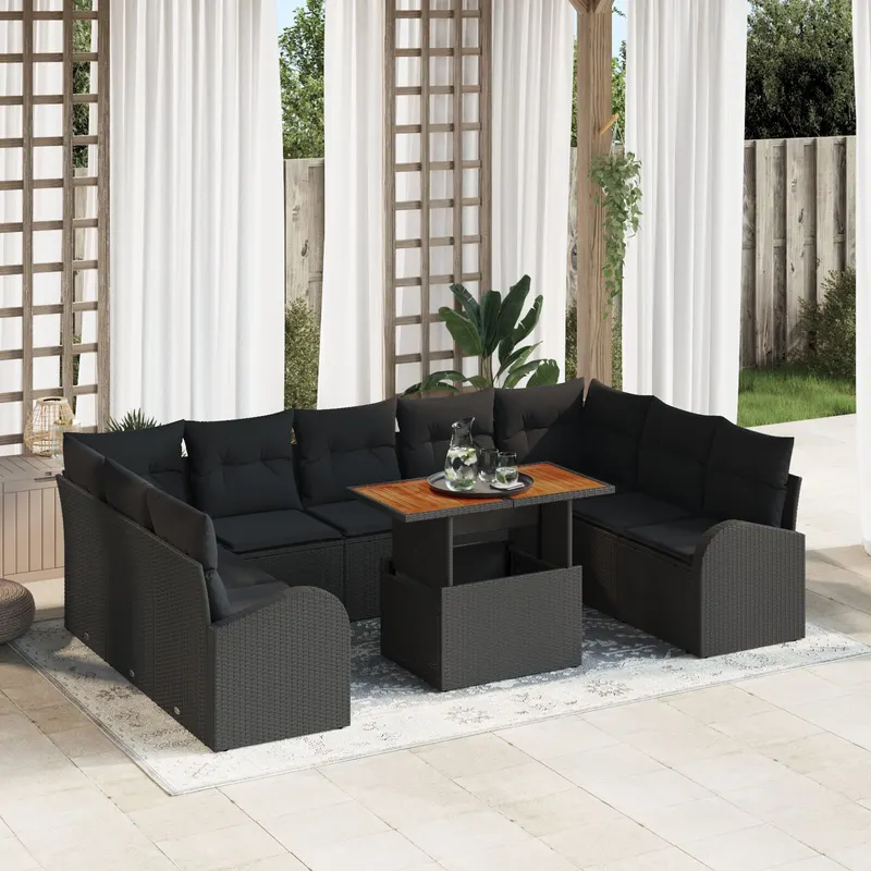 set dining gradina cu 10 piese si perne negre din poliratan si acacia
