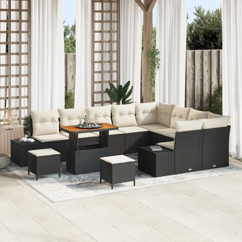Set de sofa de gradina 12 piese cu perne negru poliratan acacia, set de mese de gradina 3 piese cu perne negru poliratan acacia, sofa de gradina pentru 2 persoane cu perne negru poliratan