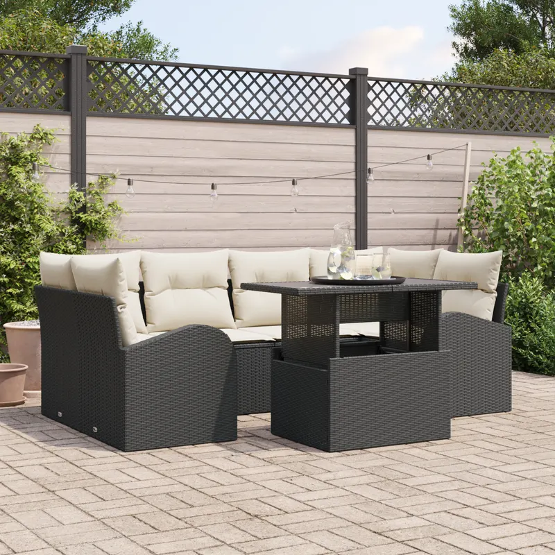 Set canapea gradina 7 piese cu perne, negru, ratan, canapea gradina 2 persoane cu depozitare si perne, negru, ratan