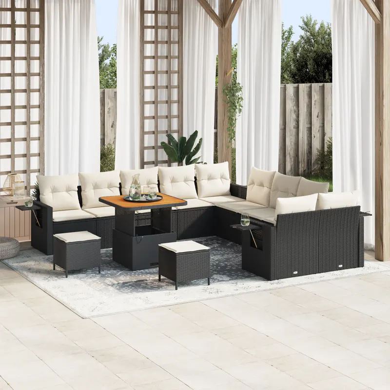 Set de 13 piese sofa pentru gradina cu perne din poliratan negru acacia, set de 3 piese pentru gradina cu perne din poliratan negru acacia