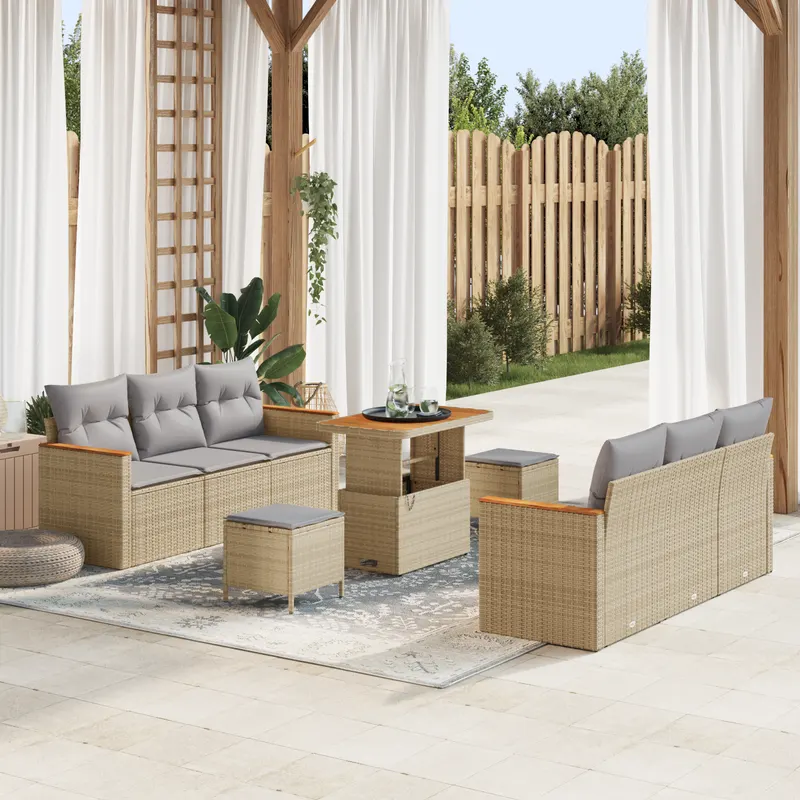 Set de canapea gradina 9 piese cu perne bej ratan acacia, set de dining gradina 3 piese cu perne bej ratan acacia