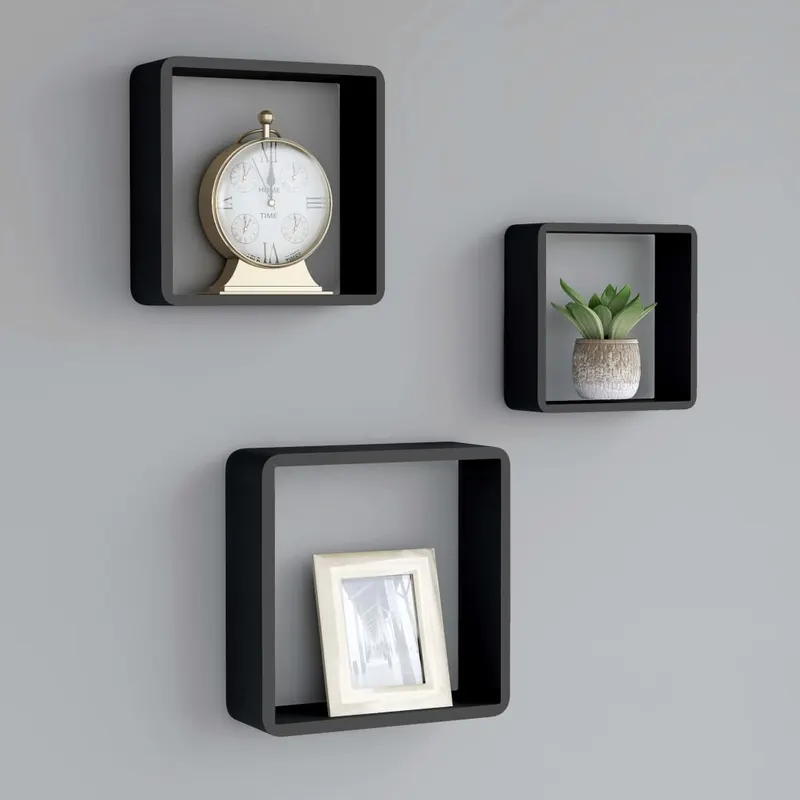 rafturi de perete cub, 3 buc., negru, mdf