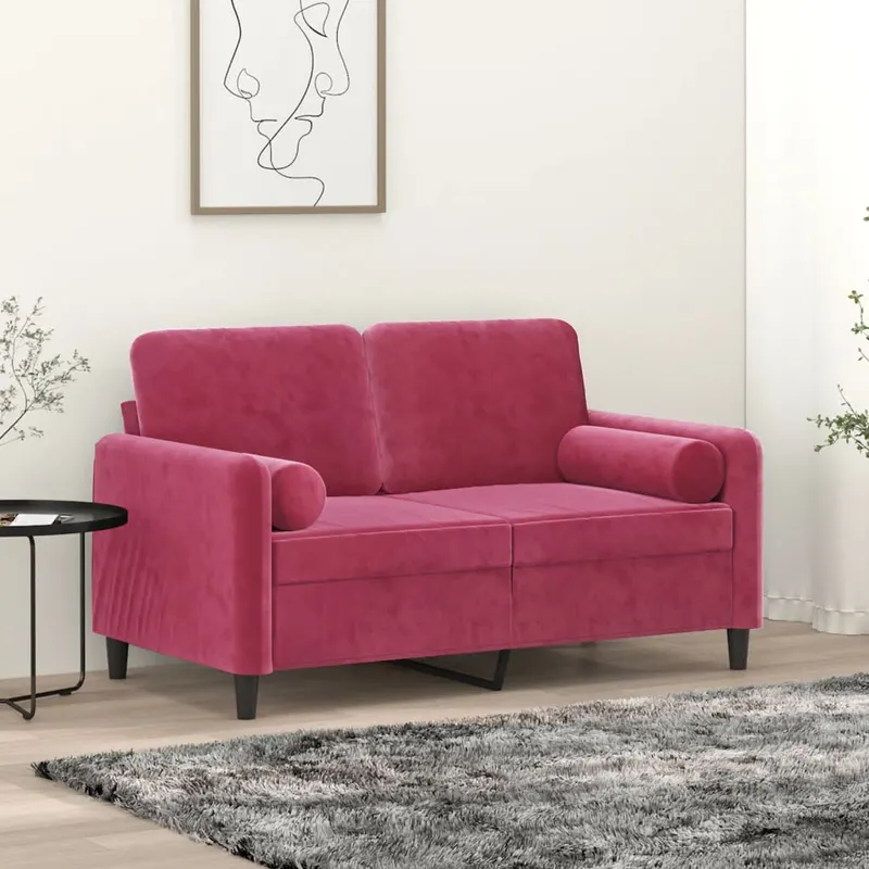 canapea cu 2 locuri cu pernute, rosu vin, 120 cm, catifea