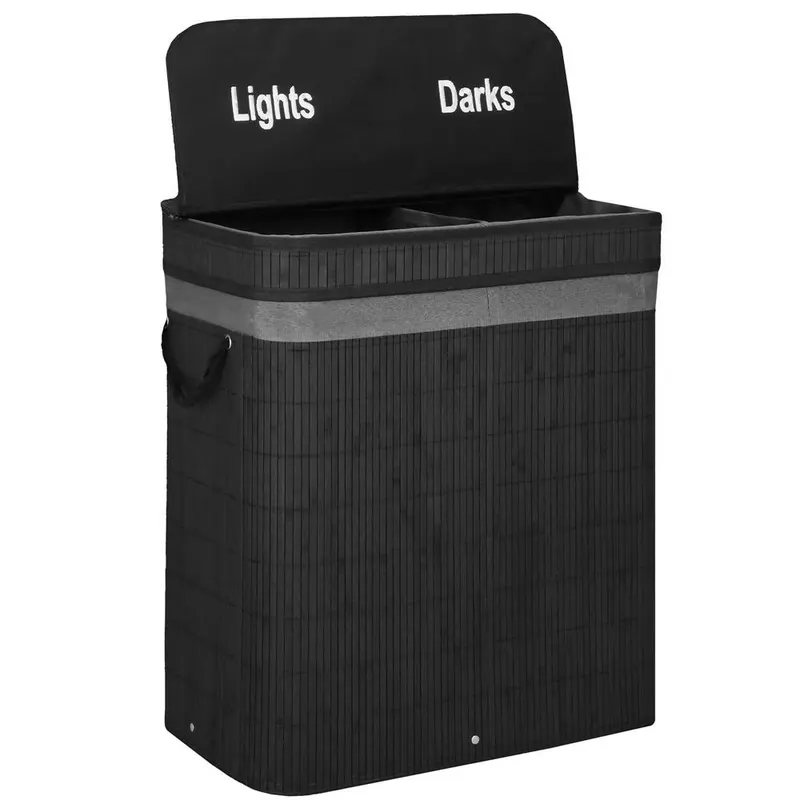 Cos rufe bambus capac 2 compartimente sac detasabil 100l, 54x35x60 cm, organizare, negru