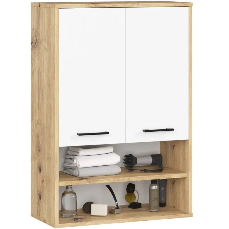 Dulap baie suspendat pal 2 usi 2 rafturi, 64x30x94 cm, design modern, stejar artisan alb