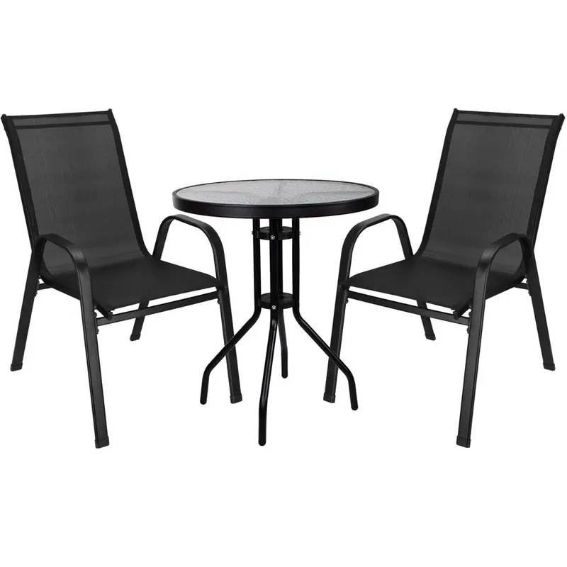 Set mobilier gradina, 2 scaune si masa rotunda, blat sticla, cadru metalic, 60x70 cm, negru