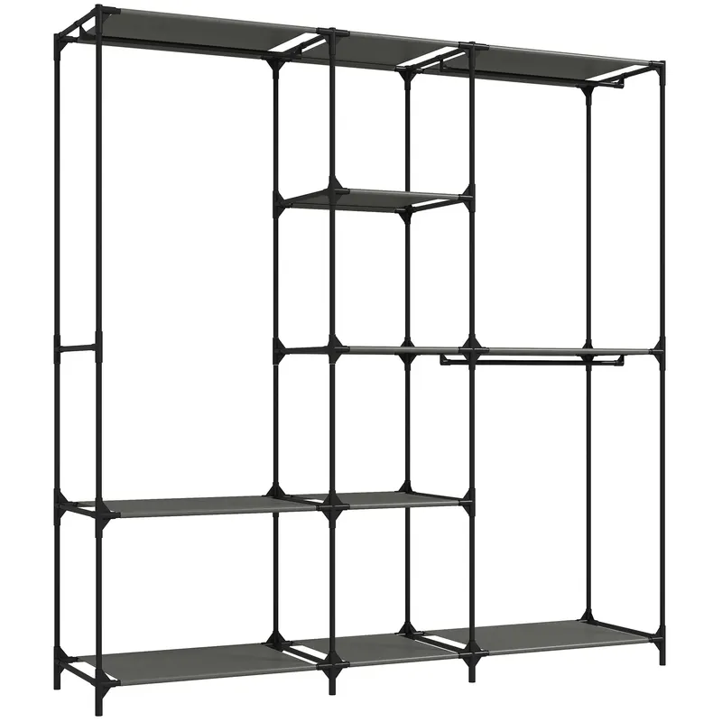 HOMCOM Dulap Textil Compact cu 3 Bare pentru Umerașe, 5 Rafturi și Structură din Oțel, 182 x 43 x 182 Cm, Negru