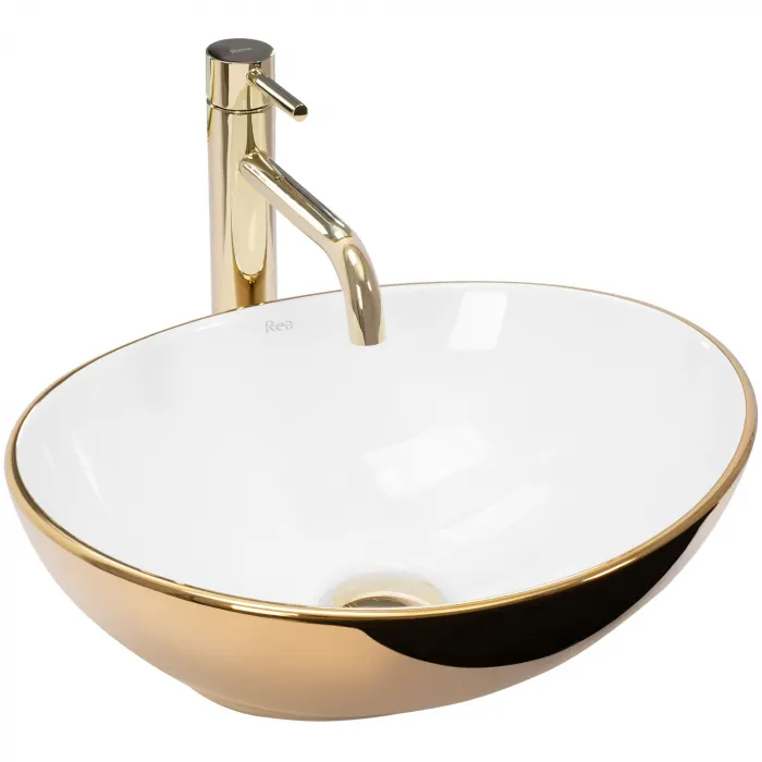 Lavoar pe blat Rea Sofia alb cu exterior auriu, oval, ceramica lucioasa, 41,5 x 33,5 cm